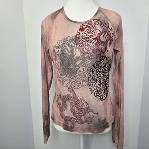 Mexx Women's Lace Sheer Asian Graphic Design Long Sleeve Shirt, Sz L (PTP 18")